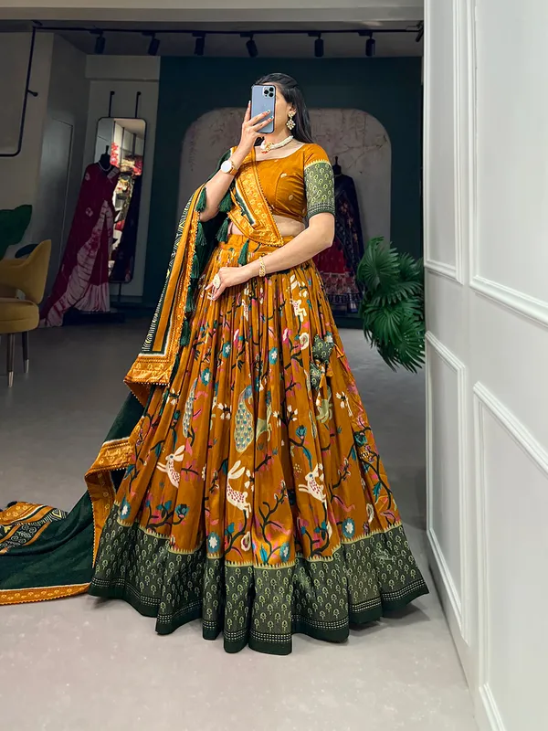 Tussar_Silk_Mustard_Fabulously_Patola_Printed_Stitched_Lehenga_&_Blouse_With_Dupatta