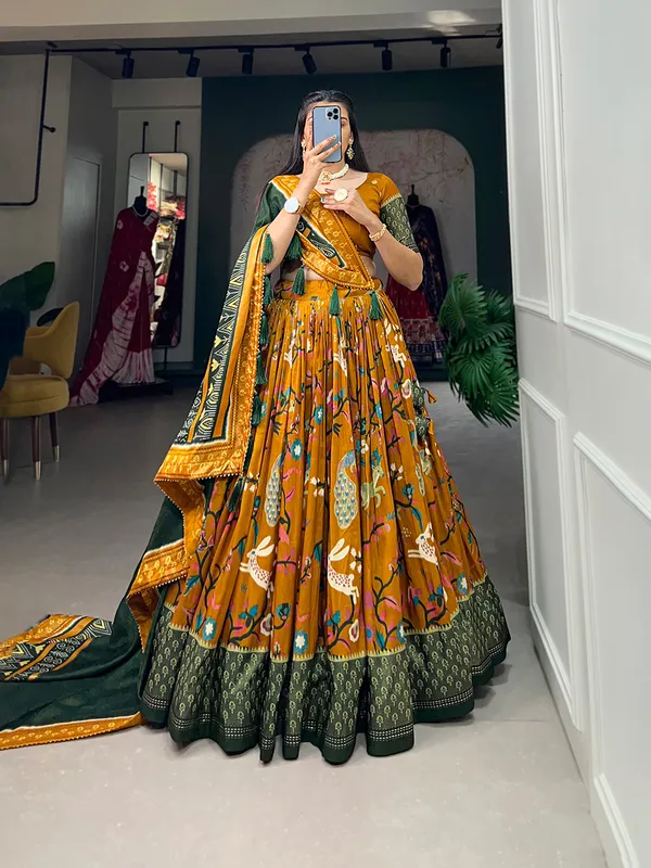 Tussar_Silk_Mustard_Fabulously_Patola_Printed_Stitched_Lehenga_&_Blouse_With_Dupatta
