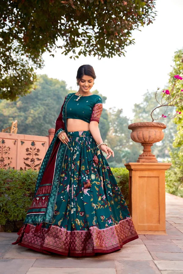 Tussar_Silk_Rama_Fabulously_Patola_Printed_Stitched_Lehenga_&_Blouse_With_Dupatta