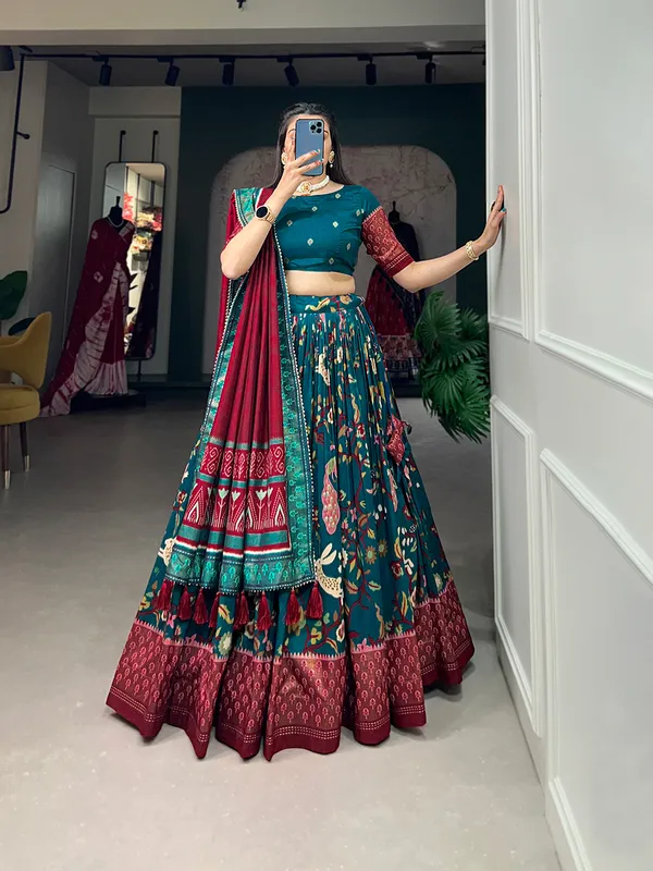 Tussar_Silk_Rama_Fabulously_Patola_Printed_Stitched_Lehenga_&_Blouse_With_Dupatta