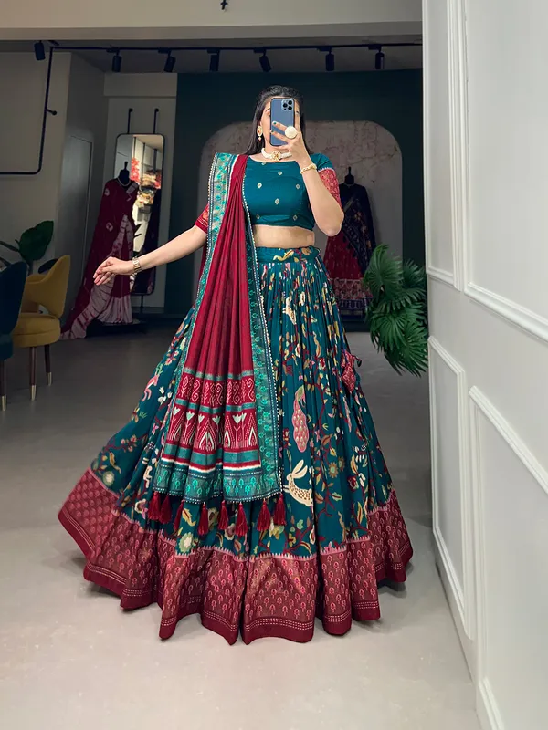 Tussar_Silk_Rama_Fabulously_Patola_Printed_Stitched_Lehenga_&_Blouse_With_Dupatta