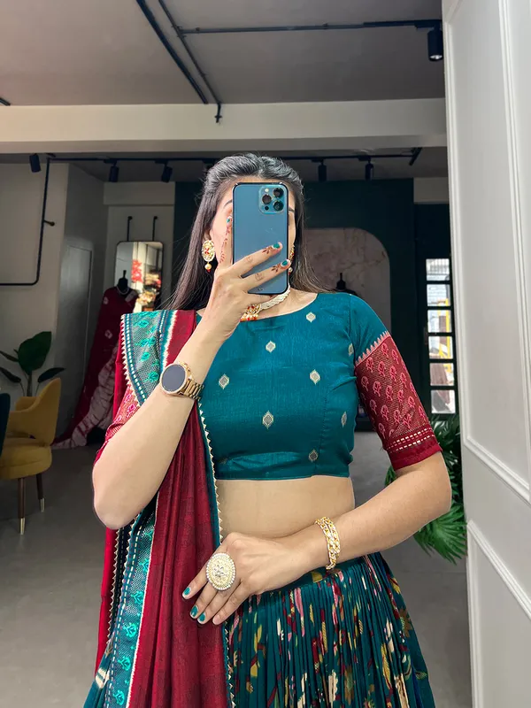 Tussar_Silk_Rama_Fabulously_Patola_Printed_Stitched_Lehenga_&_Blouse_With_Dupatta