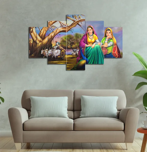 MASSTONE Rajasthani Women Village Theme for Home decor 5 Piece MDF Wall Painting Price in India