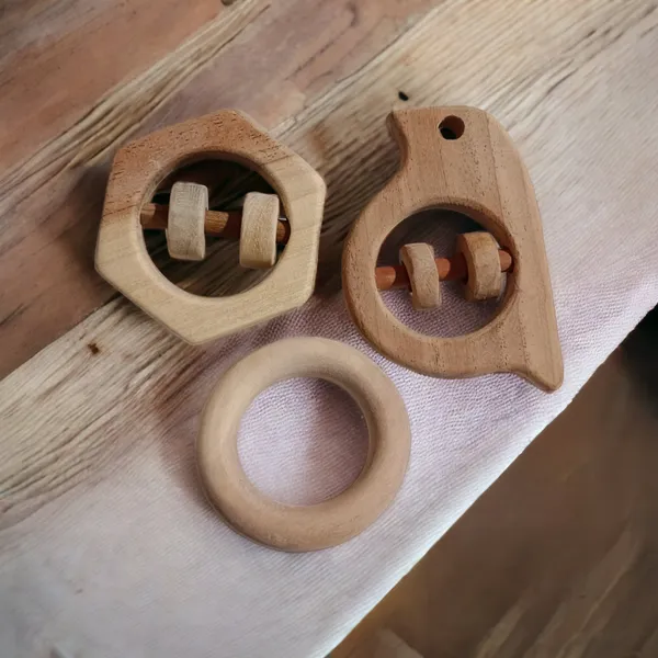 Neem_Wooden_Rattles_&_Teethers_-_Sparrow,_Hexagon_&_Ring_Shapes