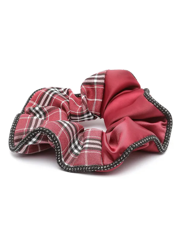 Maroon_Check_Satin_fabric_Scrunchies_|_Premium_Hair_Accessories