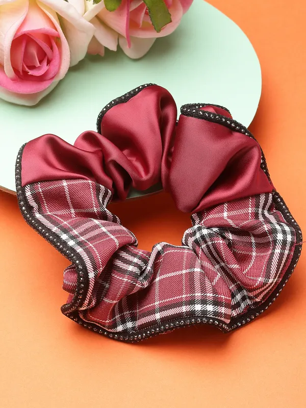 Maroon_Check_Satin_fabric_Scrunchies_|_Premium_Hair_Accessories