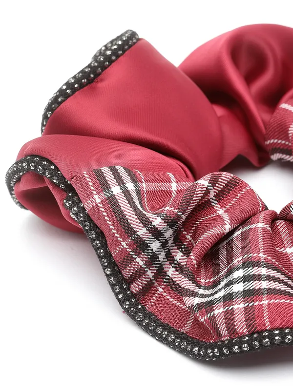 Maroon_Check_Satin_fabric_Scrunchies_|_Premium_Hair_Accessories