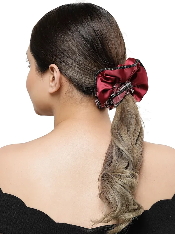 Maroon_Check_Satin_fabric_Scrunchies_|_Premium_Hair_Accessories