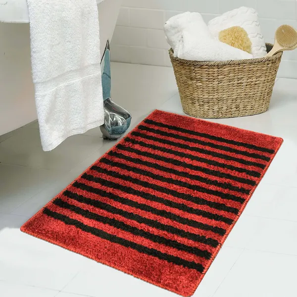 _Anti-Slip_Latex_Backing_Striped_Design_Microfiber_Relish_Bath_Mat_Bathroom_Rug_Standard_Size_-_40x60_CM,_Door_Mat,_Entrance_Way,_Floor_Mat,_Kitchen,_Set_of_2_Piece_-_Red,_Teal