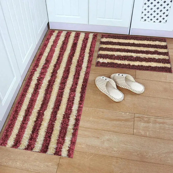 _Gold_Stripes_Design_Anti-Slip_Mantella_Bath_Mat_&_Runner_Size_-_40x60_CM,_55x137_CM,_Non-Slip_Latex_Backing_Floor_Mat_for_Bedroom,_Bedside,_Office,_Living_Room_(Maroon-Gold)