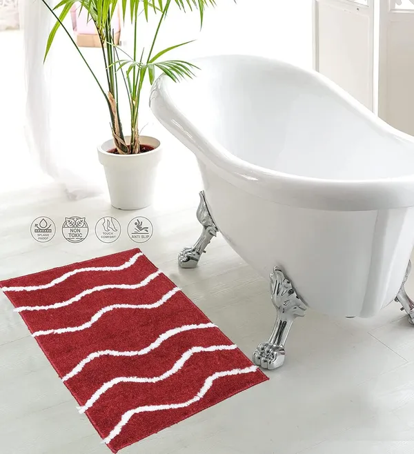 _Bath_Mat_Non-Slip_Gel_Backing_Waves_Design_Microfiber_Plush_Bath_Mat_Size_-_40x60_CM,_Floor_Mat,_Bathroom,_Door,_Entrance_Way,_Kitchen,_Pack_of_1_Piece,_Red