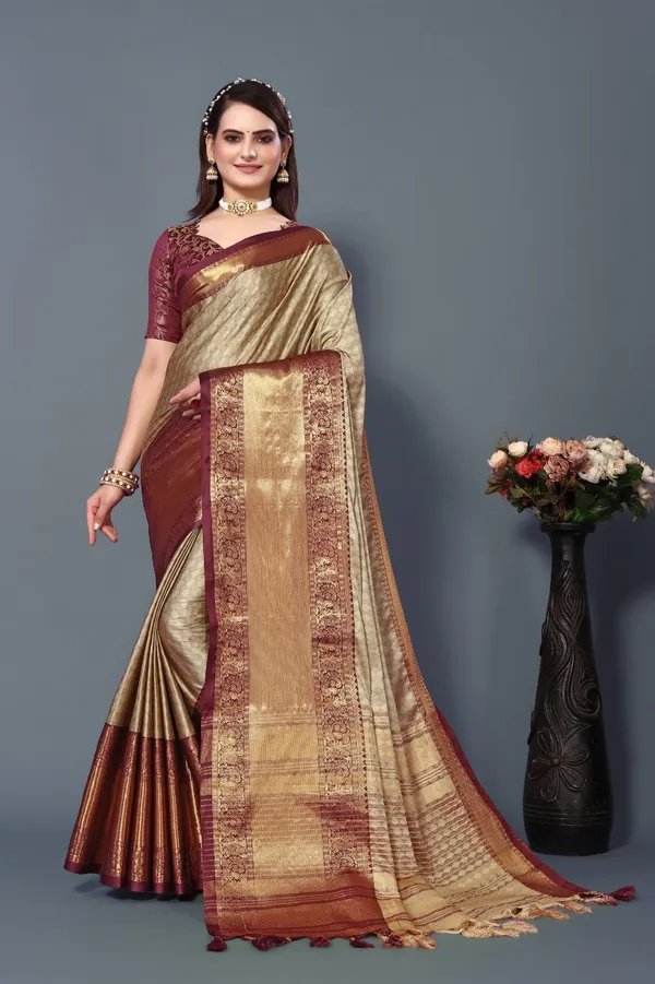 Chiku_Brown_Aquiliq_Printed_Self_Design_Kanjivaram_Pure_Silk_Saree__For_Women
