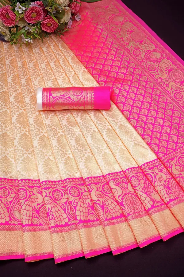 White_Pink_Pure_Kanjivaram_Silk_Saree_With_Brocade_Blouse_For_Women
