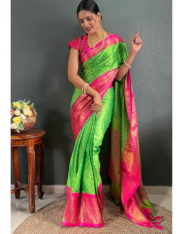 Parrot_Pink_Ready_To_Wear_Perrotbanarasi_Silk_Saree_With_Border_For_Women