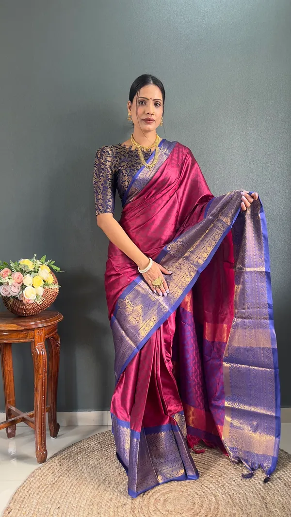 Pink_Blue_Ready_To_Wear_Banarasi_Silk_Saree_With_Border_For_Women