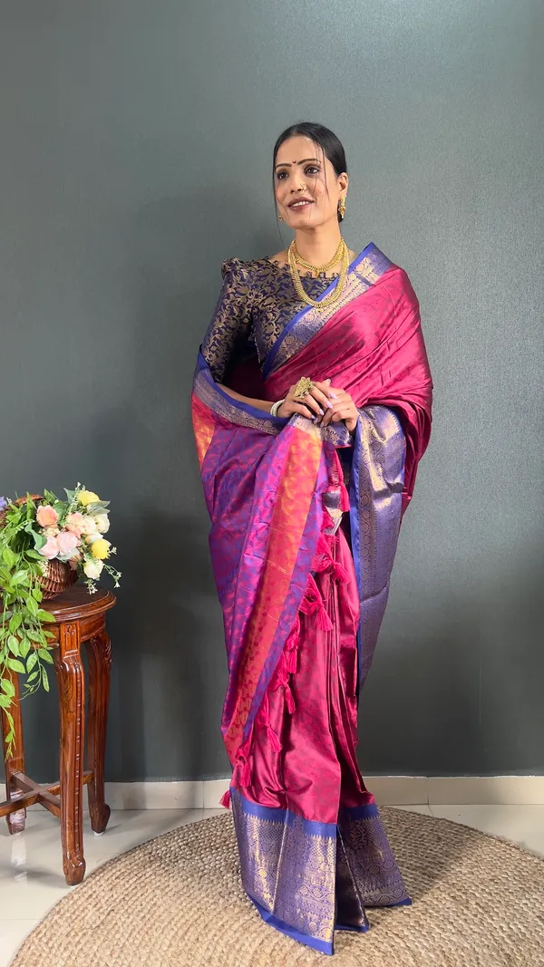 Pink_Blue_Ready_To_Wear_Banarasi_Silk_Saree_With_Border_For_Women
