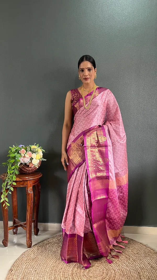 Pink_Wine_Ready_To_Wear_Banarasi_Silk_Saree_With_Border_For_Women