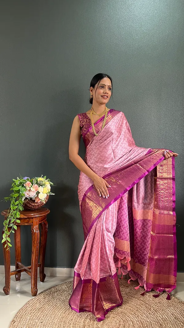 Pink_Wine_Ready_To_Wear_Banarasi_Silk_Saree_With_Border_For_Women