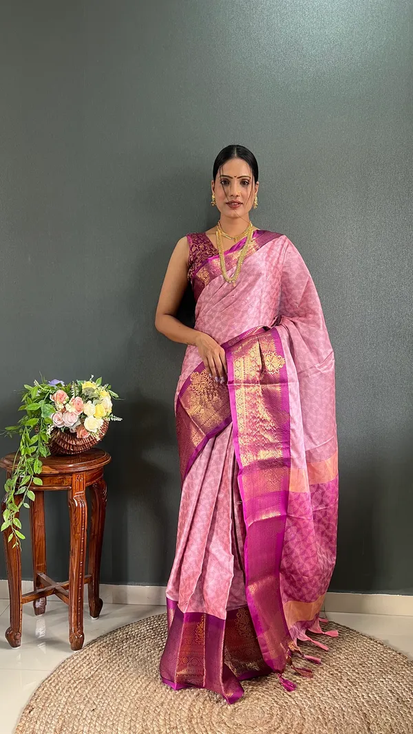 Pink_Wine_Ready_To_Wear_Banarasi_Silk_Saree_With_Border_For_Women