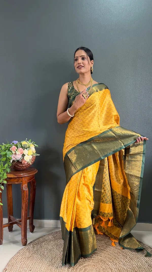 Yellow_Green_Ready_To_Wear_Banarasi_Silk_Saree_With_Border_For_Women