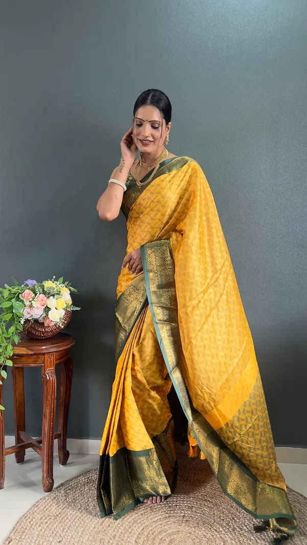 Yellow_Green_Ready_To_Wear_Banarasi_Silk_Saree_With_Border_For_Women
