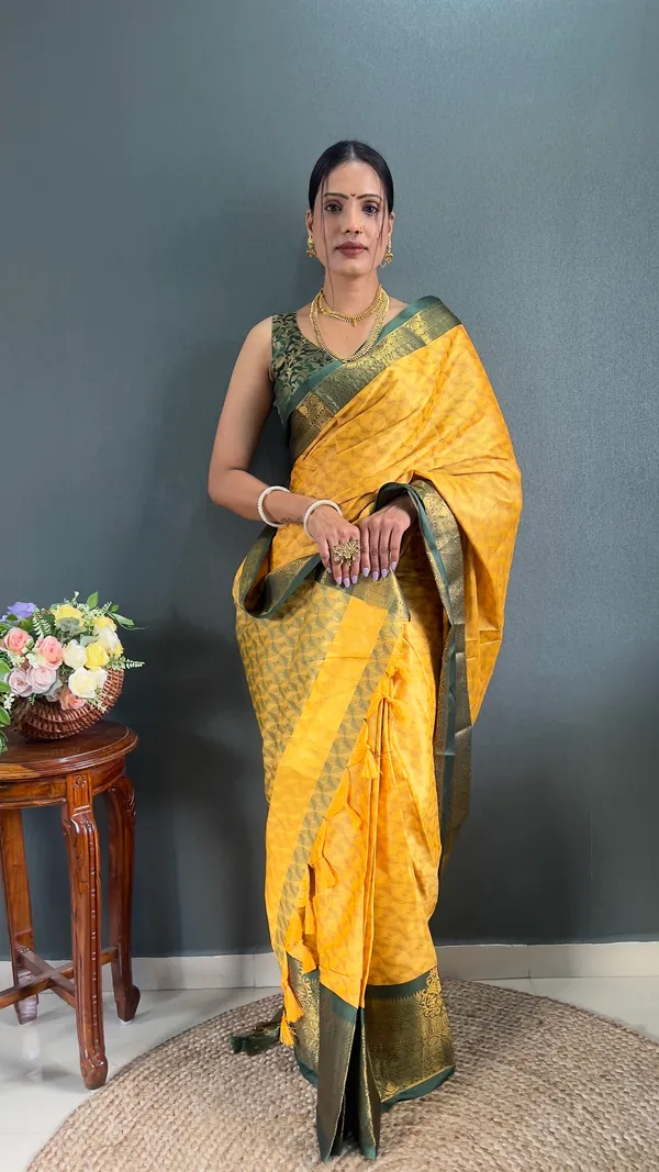 Yellow_Green_Ready_To_Wear_Banarasi_Silk_Saree_With_Border_For_Women
