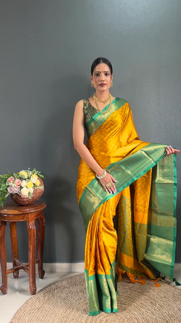 Yellow_Green_Ready_To_Wear_Banarasi_Silk_Saree_With_Border_For_Women