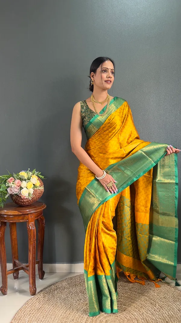 Yellow_Green_Ready_To_Wear_Banarasi_Silk_Saree_With_Border_For_Women