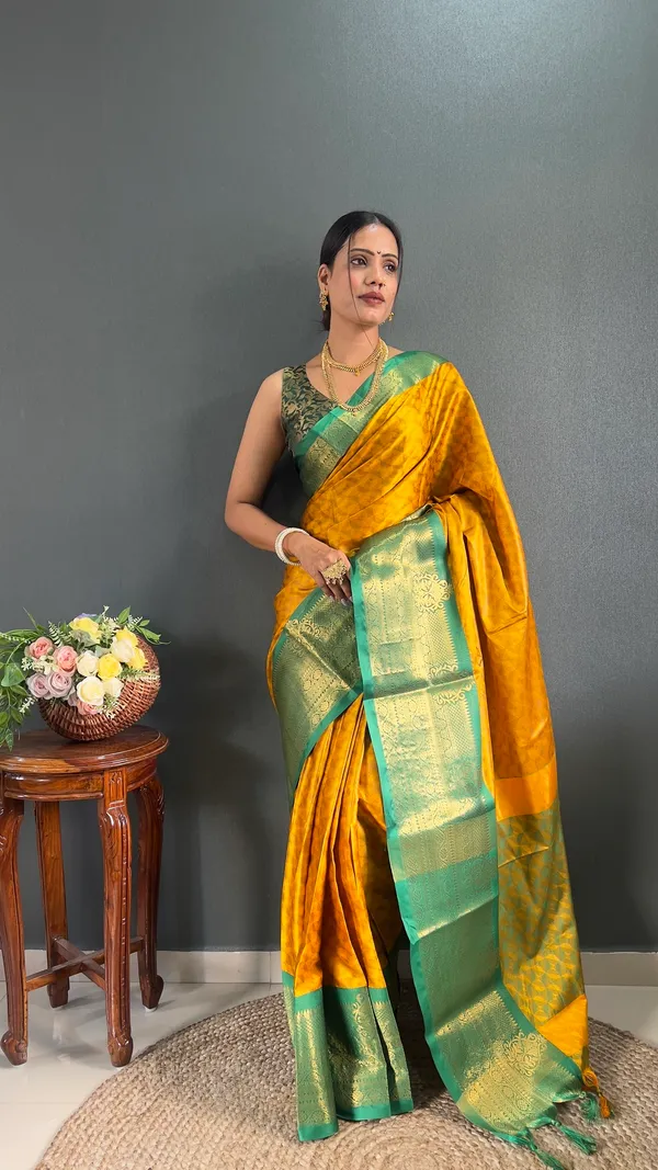 Yellow_Green_Ready_To_Wear_Banarasi_Silk_Saree_With_Border_For_Women