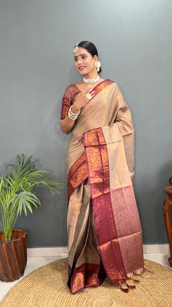 Chiku_Brown_Ready_To_Wear_Pure_Kanchipuram_Silk_Saree_With_Blouse_Piece_For_Women