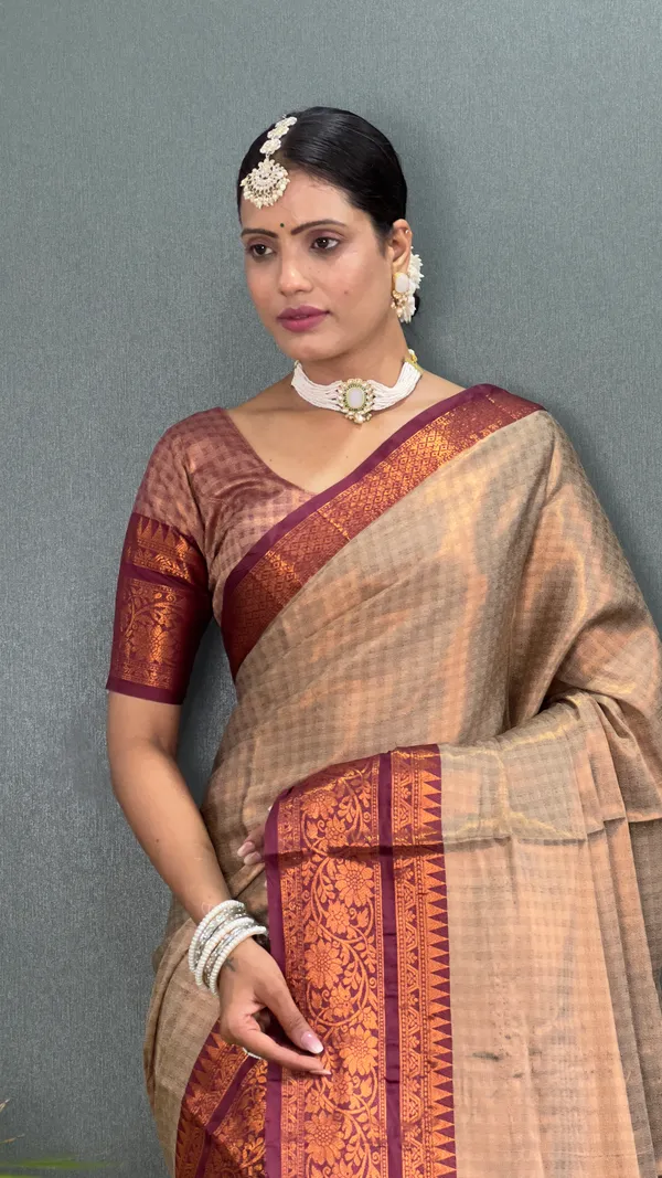 Chiku_Brown_Ready_To_Wear_Pure_Kanchipuram_Silk_Saree_With_Blouse_Piece_For_Women