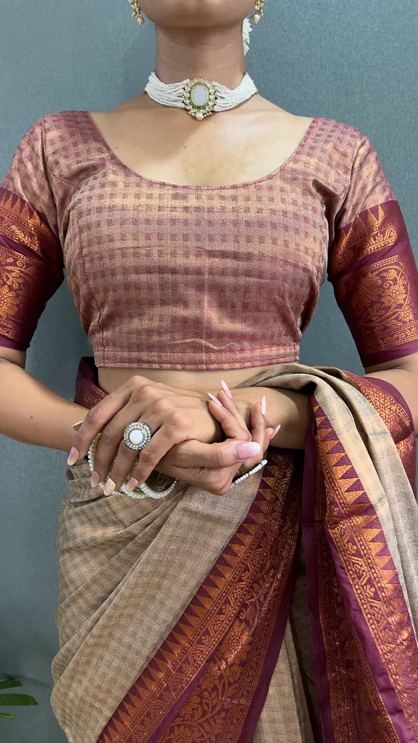Chiku_Brown_Ready_To_Wear_Pure_Kanchipuram_Silk_Saree_With_Blouse_Piece_For_Women