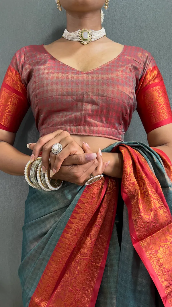 Red_Ready_To_Wear_Pure_Kanchipuram_Silk_Saree_With_Blouse_Piece_For_Women