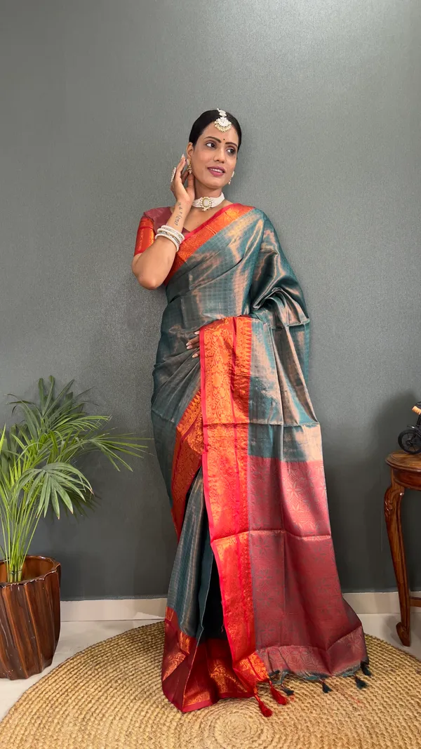 Red_Ready_To_Wear_Pure_Kanchipuram_Silk_Saree_With_Blouse_Piece_For_Women