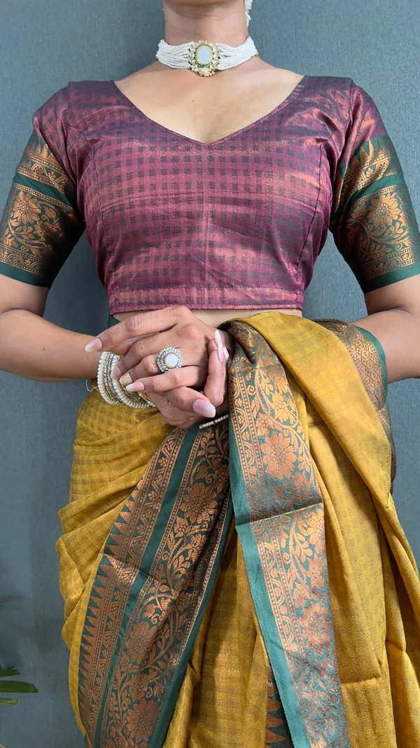 Yellow_Green_Ready_To_Wear_Pure_Kanchipuram_Silk_Saree_With_Blouse_Piece_For_Women