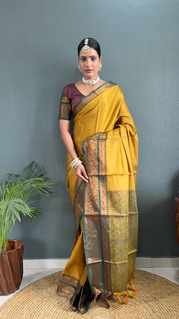 Yellow_Green_Ready_To_Wear_Pure_Kanchipuram_Silk_Saree_With_Blouse_Piece_For_Women