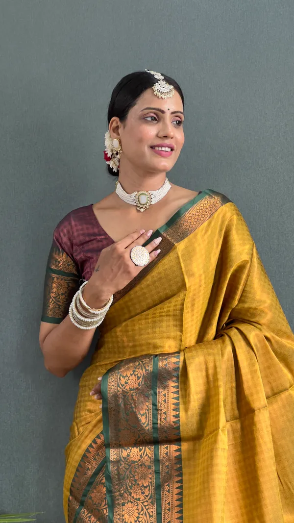 Yellow_Green_Ready_To_Wear_Pure_Kanchipuram_Silk_Saree_With_Blouse_Piece_For_Women