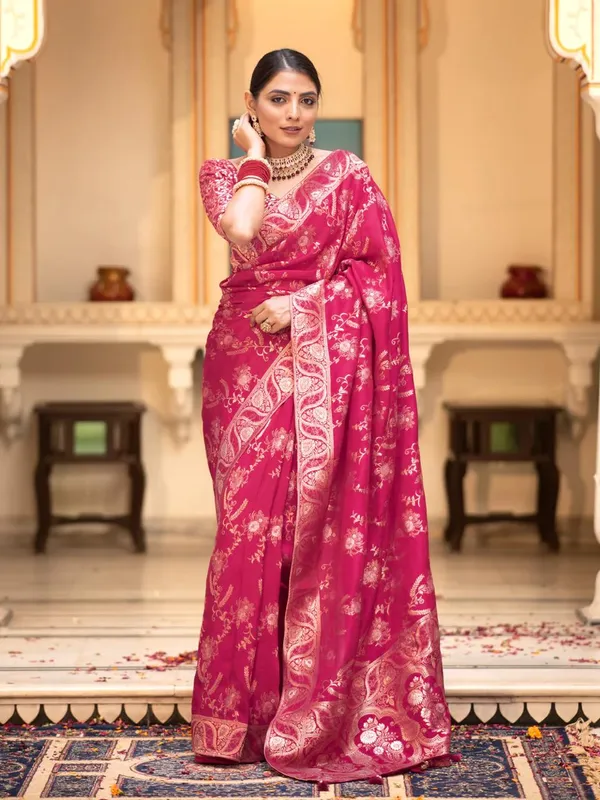 Rani_Pink_Pure_Kanjivaram_Silk_Saree_With_Brocade_Blouse_For_Women