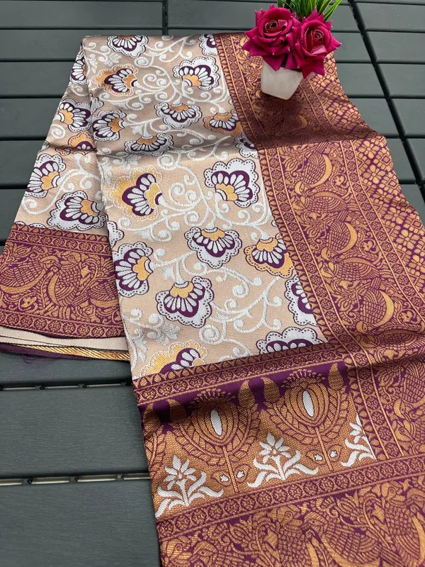 Cream_Wine_Pure_Kanjivaram_Silk_Saree_With_Brocade_Blouse_For_Women