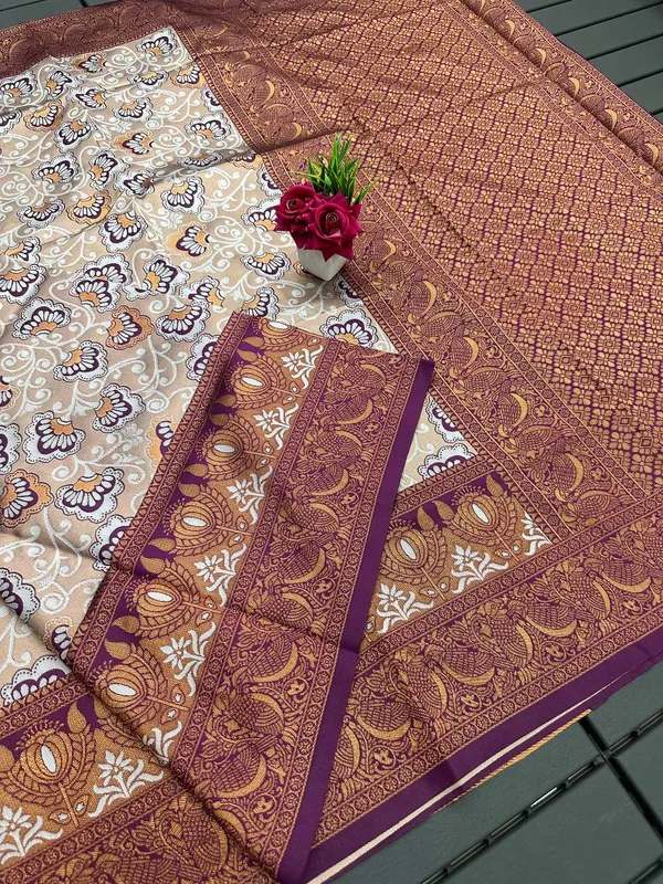 Cream_Wine_Pure_Kanjivaram_Silk_Saree_With_Brocade_Blouse_For_Women