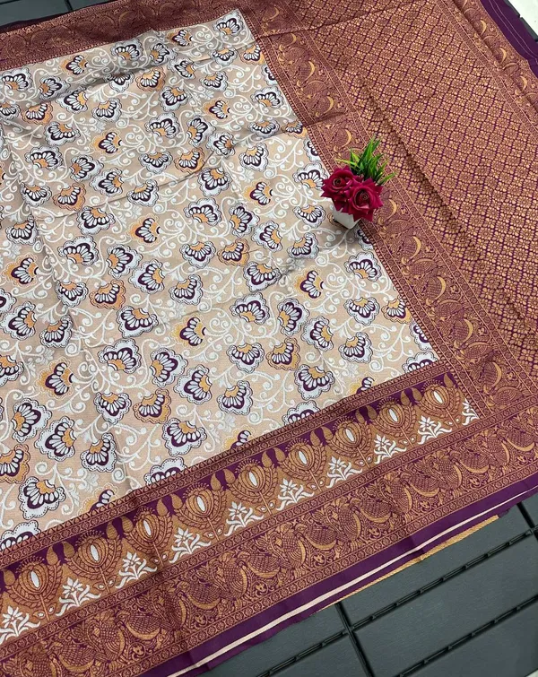Cream_Wine_Pure_Kanjivaram_Silk_Saree_With_Brocade_Blouse_For_Women