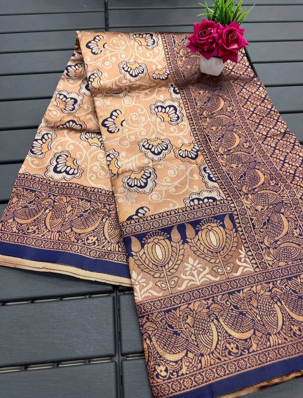 Peach_Blue_Pure_Kanjivaram_Silk_Saree_With_Brocade_Blouse_For_Women