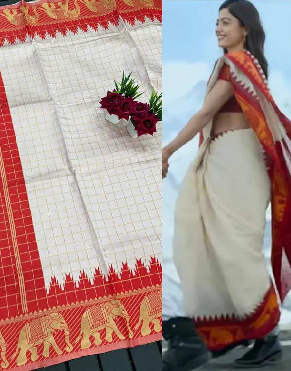 White_Red_Pure_Kanjivaram_Silk_Saree_With_Brocade_Blouse_For_Women