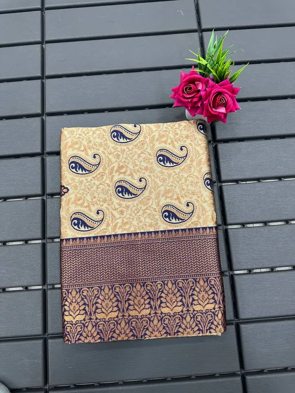 Chiku_Blue_Pure_Kanjivaram_Silk_Saree_With_Brocade_Blouse_For_Women