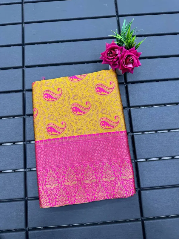 Yellow_Pink_Pure_Kanjivaram_Silk_Saree_With_Brocade_Blouse_For_Women