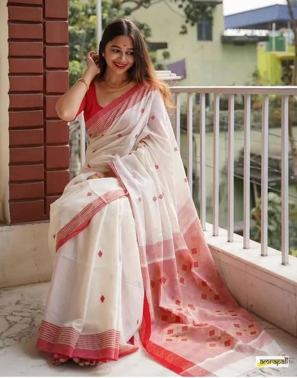 White_Red_Chanderi_Kanjivaram_Saree_For_Women