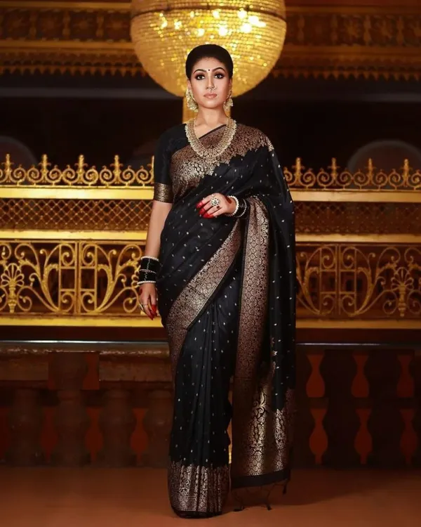 Black_Pure_Kanjivaram_Silk_Saree_With_Brocade_Blouse_For_Women