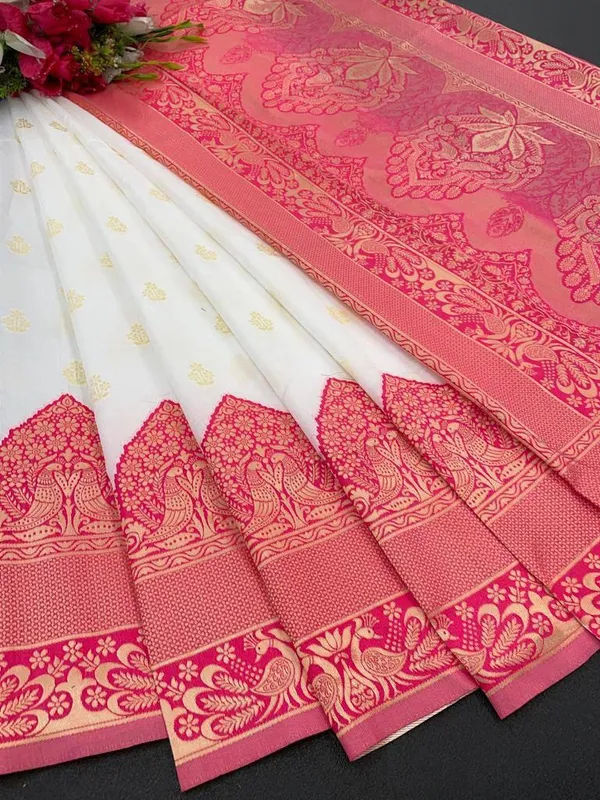 White_Pure_Kanjivaram_Silk_Saree_With_Brocade_Blouse_For_Women