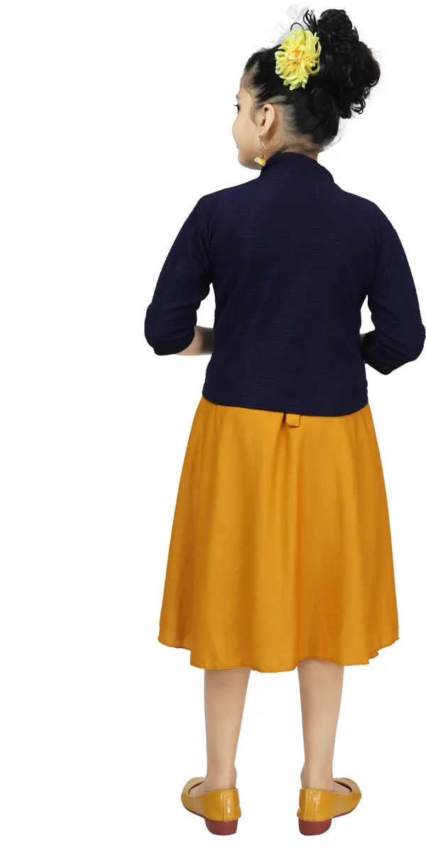 Yellow_3/4_Sleeve_Girls_Calf_Length_Casual_Dress_(Yellow,_3/4_Sleeve)