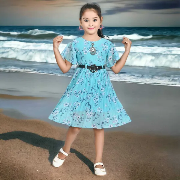 Blue_Short_Sleeve_Girls_Midi/Knee_Length_Casual_Dress_(Blue,_Half_Sleeve)